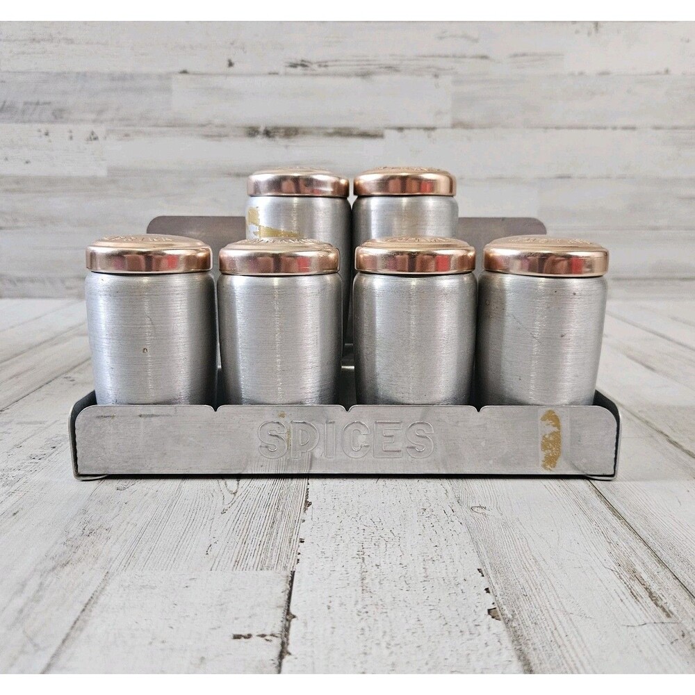 Vintage Aluminum Chrome Spice Canisters Copper Color Lids And Rack Kitchen